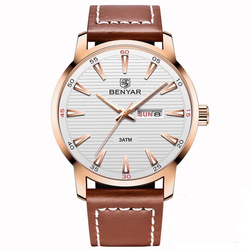 Benyar 5145 Fashion Men Watch Waterproof Automatic Week Display Leather Strap Quartz Watch