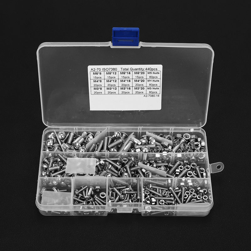 Suleve MXSH3 440Pcs M3/M4/M5 Stainless Steel Button Head Hex Socket Cap Screws Bolts Nuts Assortment Kit