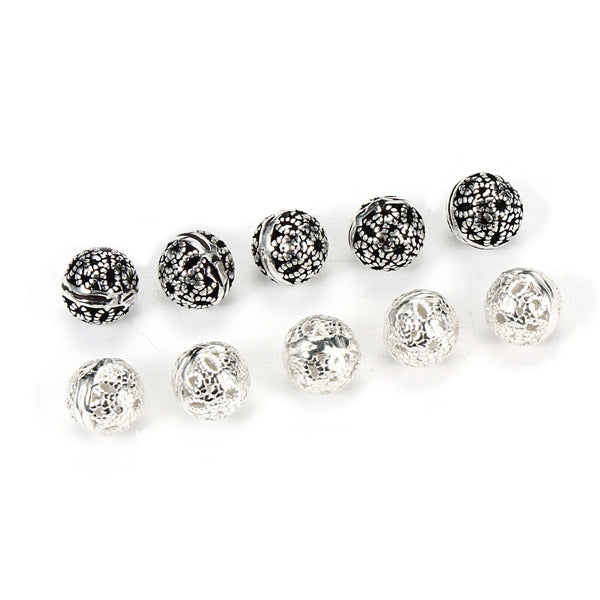 925 5pcs Sterling Silver Round Loose Beads Hollow DIY Jewelry Accessories Findings
