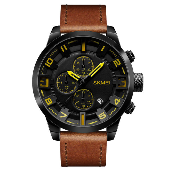 SKMEI 1309 Men Watch Fashion Leather Strap Three Smal Dials Stopwatch Male Quartz Wrist Watch