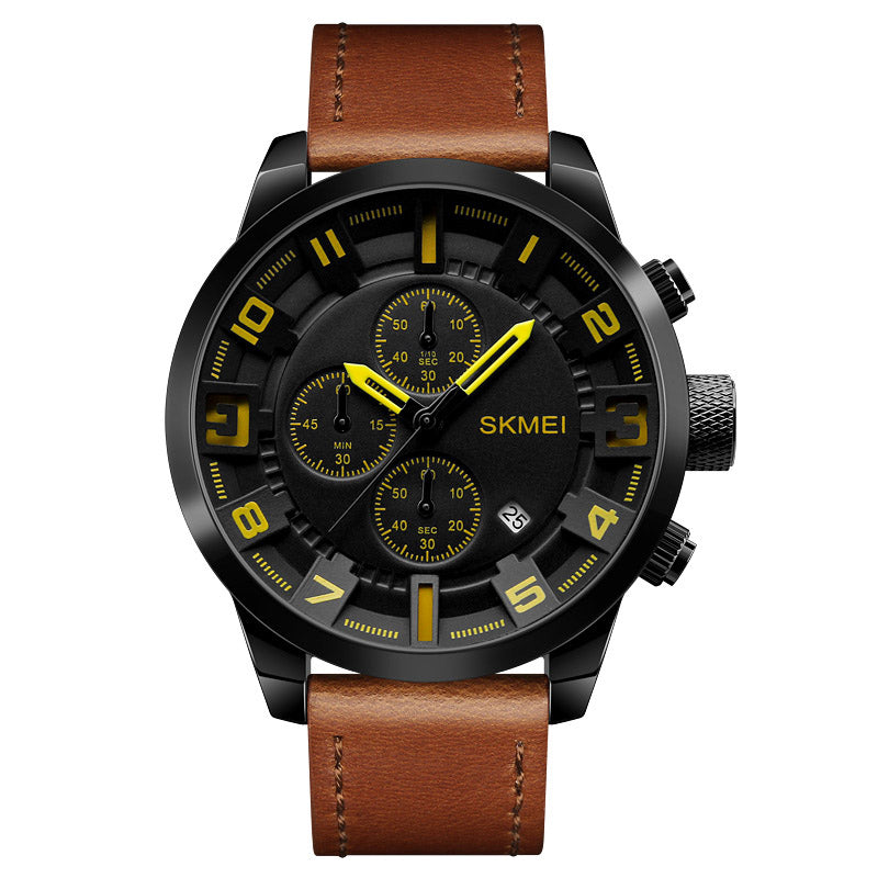 SKMEI 1309 Men Watch Fashion Leather Strap Three Smal Dials Stopwatch Male Quartz Wrist Watch