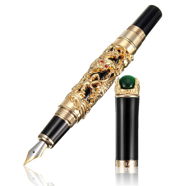JINHAO Golden Dragon Heavy Fountain Pen Clip Medium Nib 18KGP Business Men Gifts