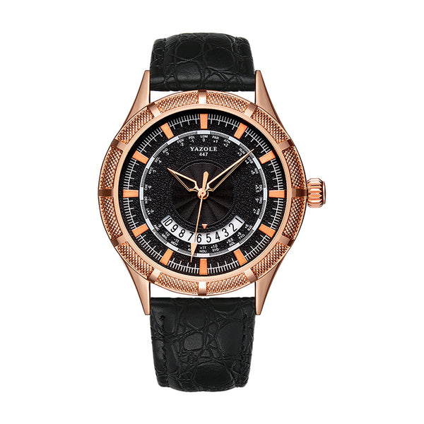YAZOLE 447 Metal Case Texture Dial Calendar Display Fashion Leather Band Men Quartz Watch