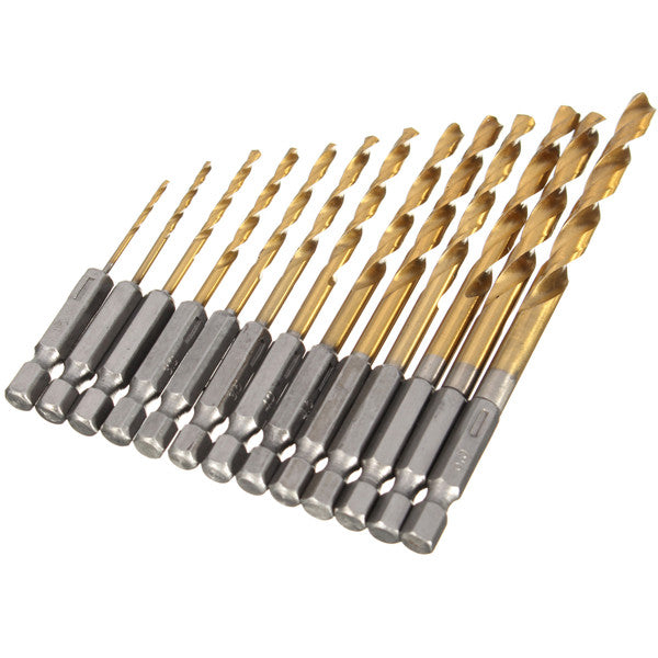 13pcs 1/4 Inch Hex Shank 1.5-6.5mm HSS Titanium Coated Drill Bit Set