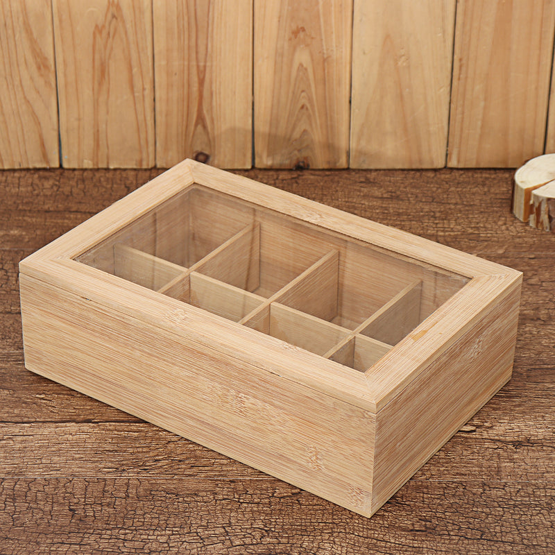 8 Compartments Wooden Tea Box Glass Top Lid Cover Container Teabags Display Storage Gift