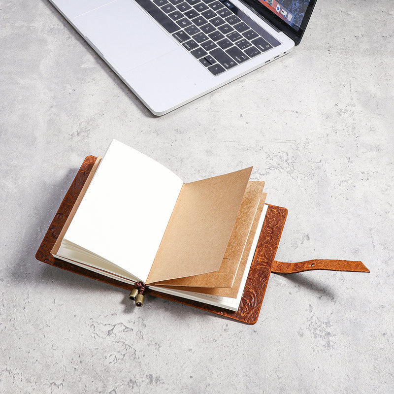 Indra Handmade Medium Embossed Stitched Leather Diary Notebook Journal