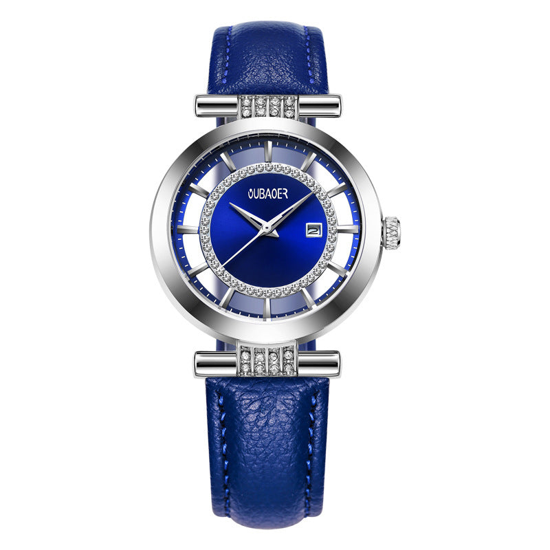 OUBAOER OB2007 Blue Rhinestone Women Wrist Watch Genuine Leather Strap Quartz Watches