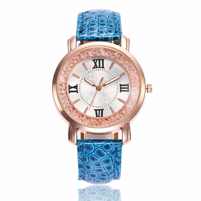 Fashion Rose Gold Flowing Crystal Roman numerals Ladies Dress Bracelet Leather Women Quartz Watch