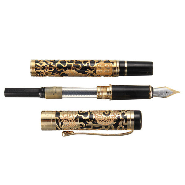 JINHAO 5000 Black And Golden Medium Nib Fountain Pen Dragon Embossed