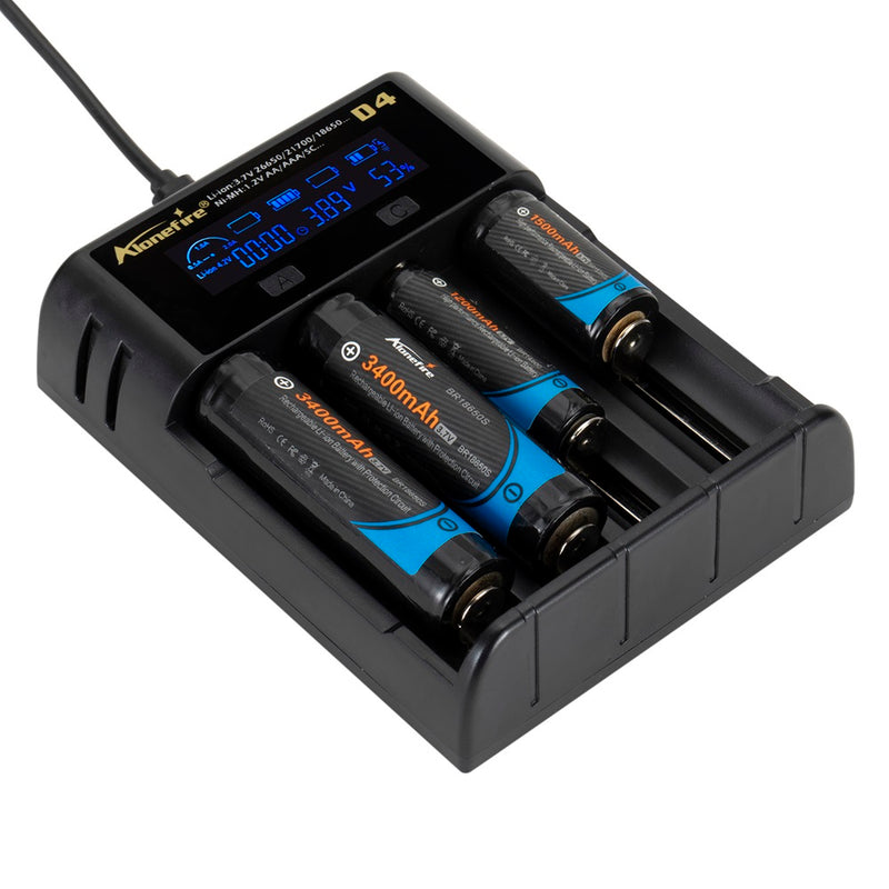 Alonefire D4  4slots 2A LCD Screen Display Smart Charger for 18650 26650 21700 Universal Battery USB Charging AA AAA Intelligent Fast Charger