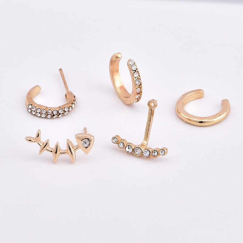 4Pcs Geometric Gold Earring Set Fish Bone Rhinestones Ear Stud Ear Clip Earrings for Women