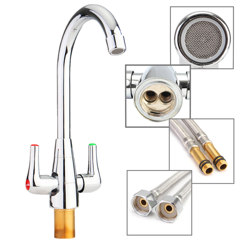 Brass Chrome Finish Kitchen Sink Faucet 360 Rotate Neck Spout Double Handle Water Mixer Tap
