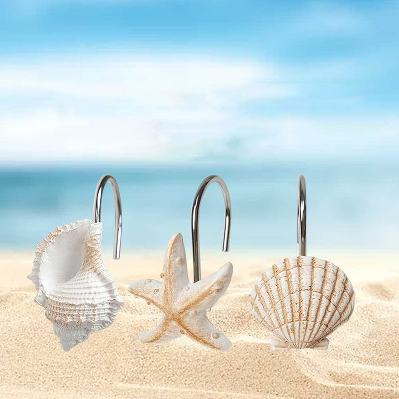 12Pcs/Box Stainless Steel Resin Bathroom Curtain Hook White Brown Starfish Shell Conch Mixed Pattern
