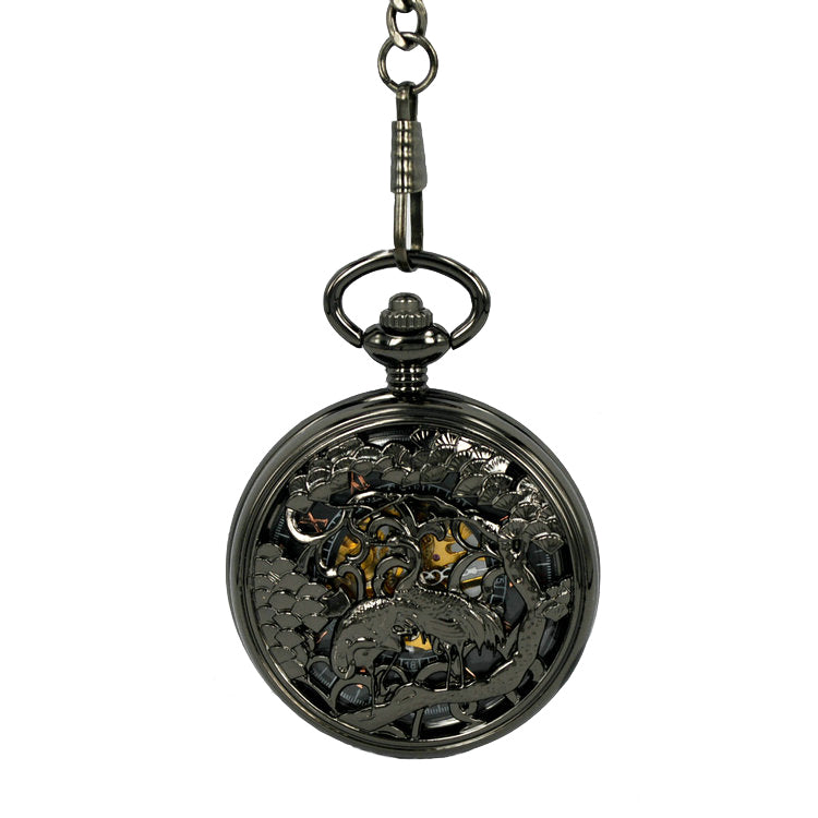 JIJIA JX014 Crane Pattern Hollow Black Bronze Mechanical Pocket Watch