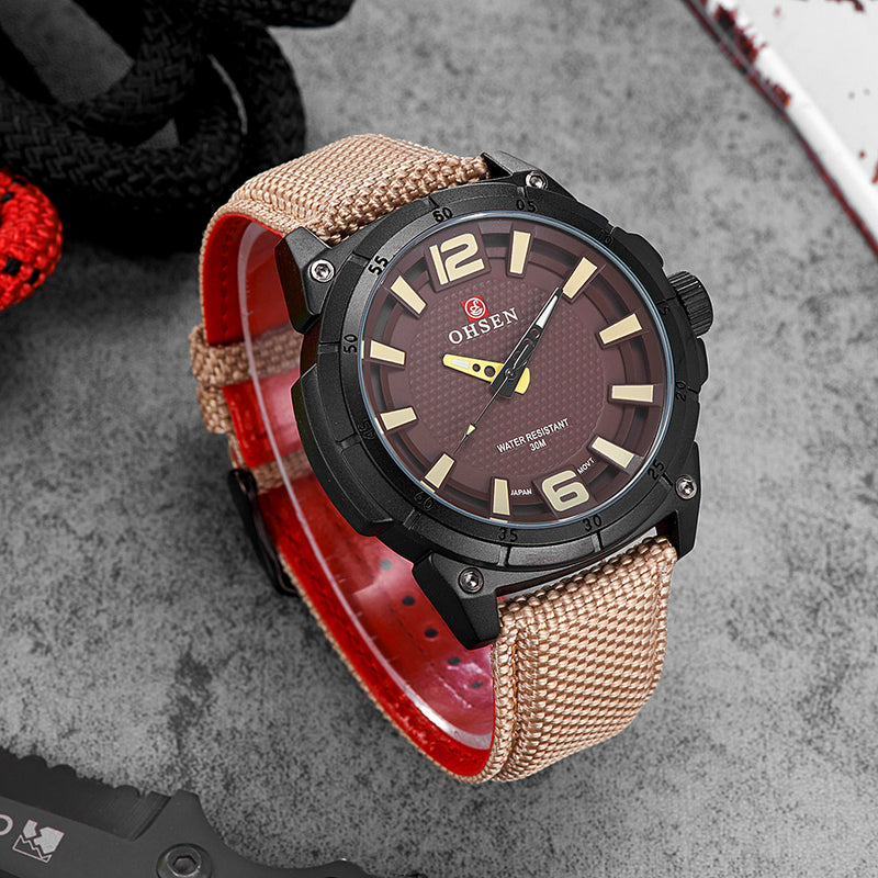 OHSEN TX2905 Canvas Leather Strap 30M Waterproof Sports Outdoor Men Watch Quartz Watch