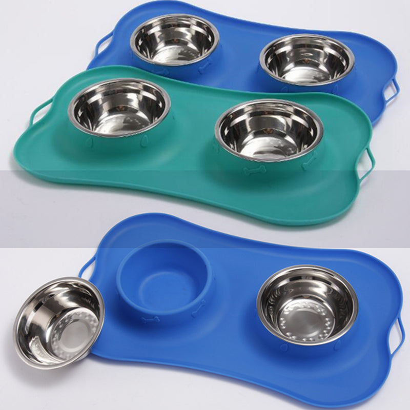 Stainless Steel Dog Cat Bowl Non Spill Silicone Mat Pet Water Food Dish Feeder