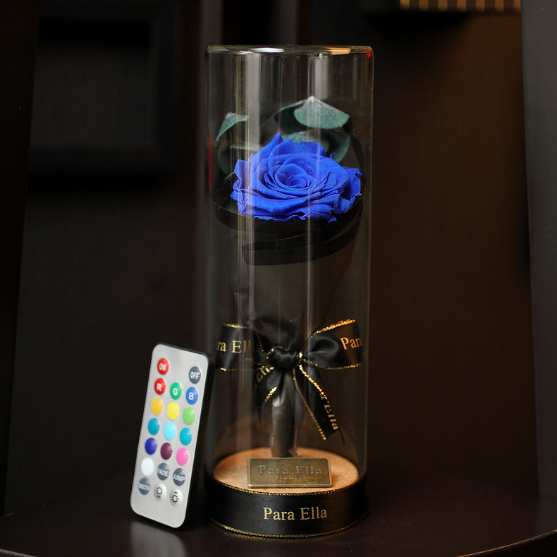 Para Ella Preserved Fresh Rose Flower with Fallen Petals in Glass Dome on a Wooden Base Decorations