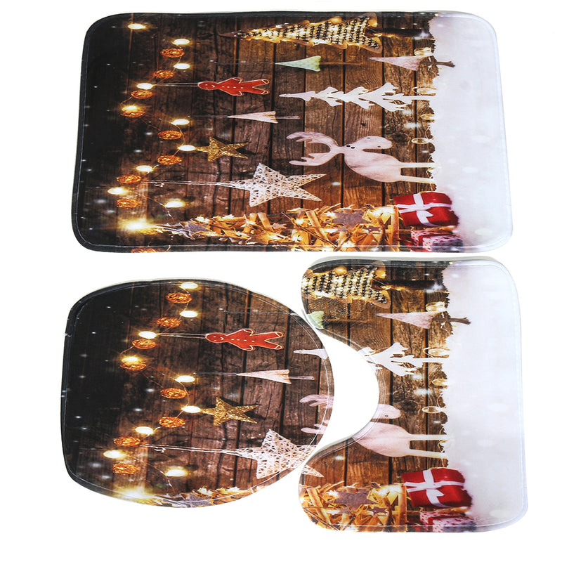 3PCS Bathroom Bath Mat Set Toilet Seat Cover Waterproof Bathroom Shower Curtain Chrismas Print