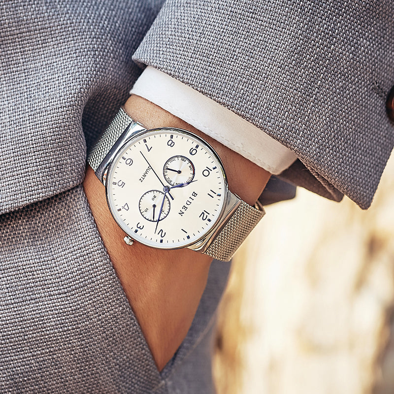 BIDEN BD0047 Ultra Thin Casual Style Men Wrist Watch Week Display Mesh Steel Quartz Watch