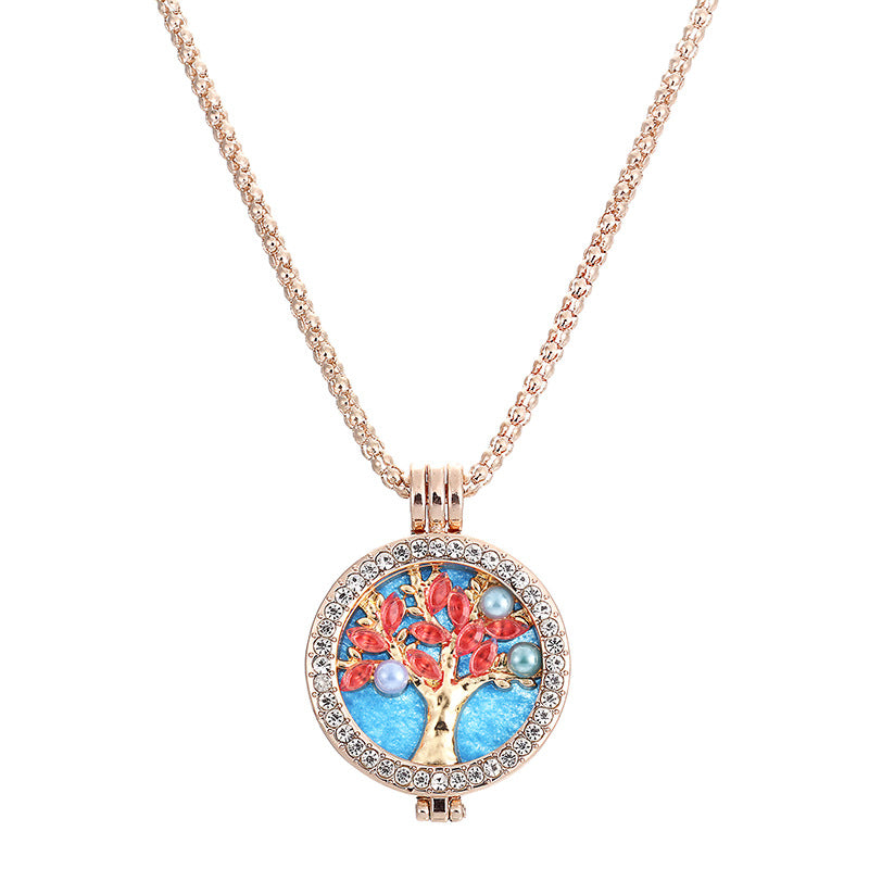 Trendy Rhinestone Fragrance Necklace Life Tree Essential Oil Necklace For Women