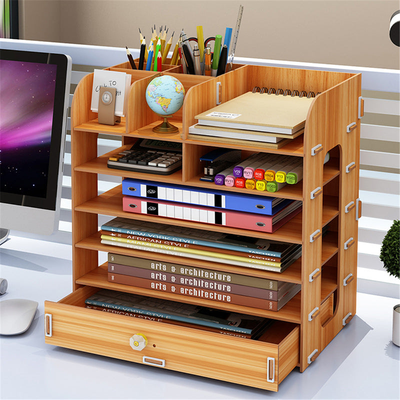 Wooden File Books Holder Bookshelf Desktop Organizer Storage Shelf File Tray Pen Pencil Holder Office School Home Supplies