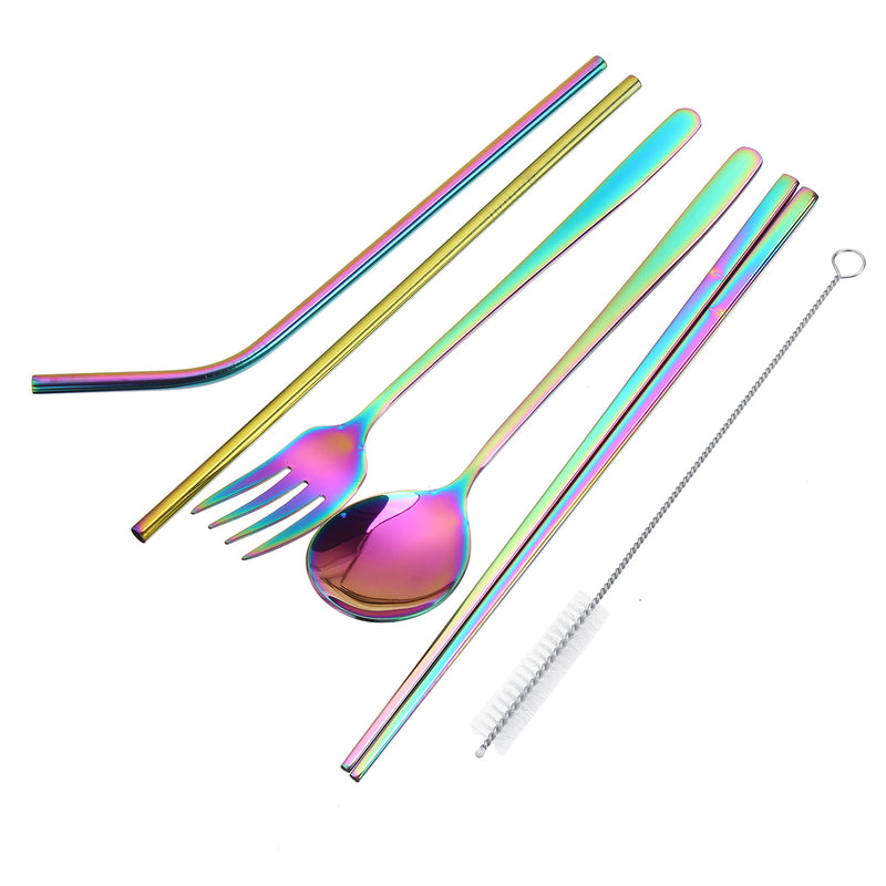 5 Pieces Portable Spoon Chopsticks Set Reusable Stainless Steel Spoon Chopsticks Straw Set