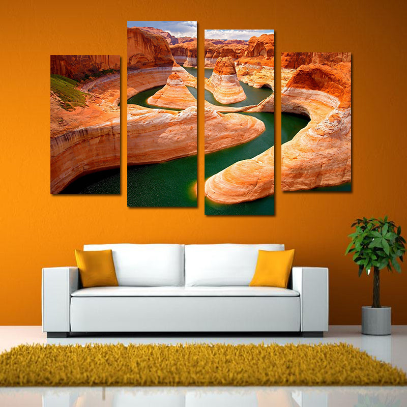 Miico Hand Painted Four Combination Decorative Paintings Canyon River Wall Art For Home Decoration