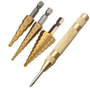Drillpro 3Pcs 3-12/4-12/4-20mm HSS Titanium Coated Step Drill Bits with Automatic Center Pin Punch