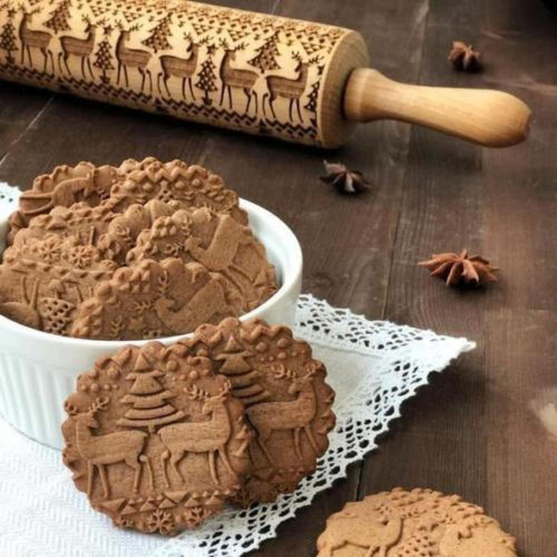 Christmas Elk Print Rolling Pin Engraved Rolling Pin Wooden Embossing Embossed Baking Tools
