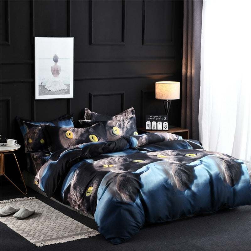 3 PCS Bedding Sets 3D Animal Black Cat Printing Quilt Cover Pillowcase For Full Size
