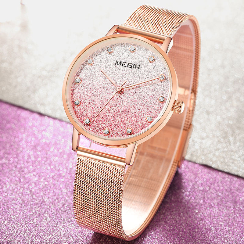 MEGIR 4215 Ultra Thin Simple Design Mesh Steel Strap Women Wristwatch Fashionable Quartz Watch