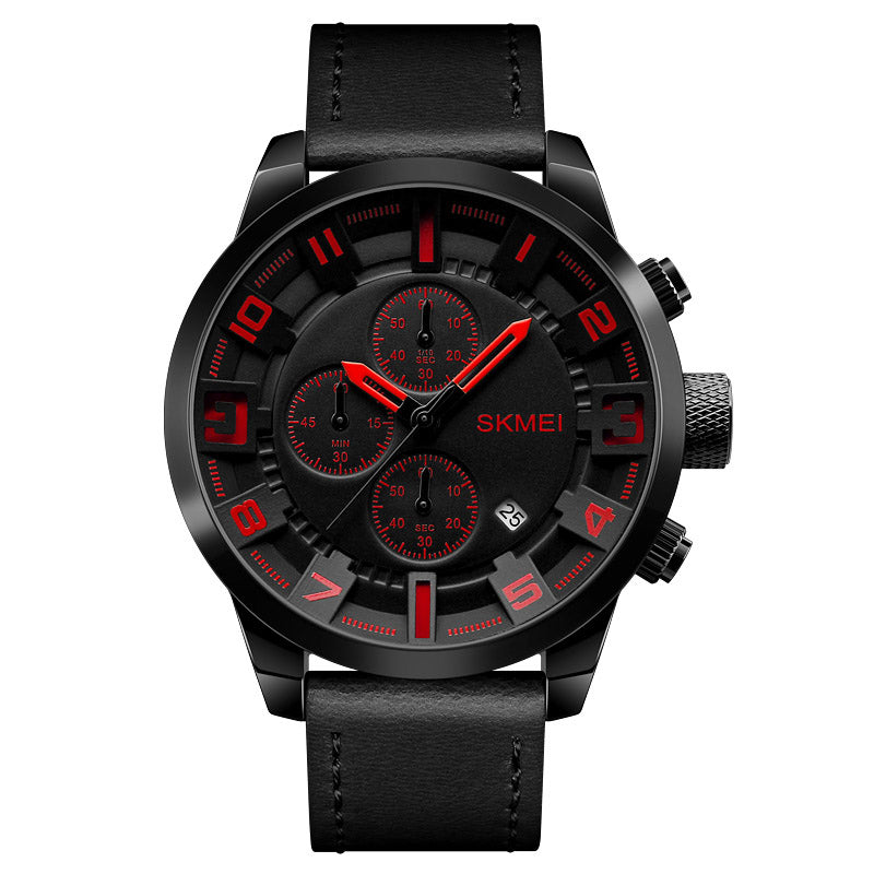 SKMEI 1309 Men Watch Fashion Leather Strap Three Smal Dials Stopwatch Male Quartz Wrist Watch