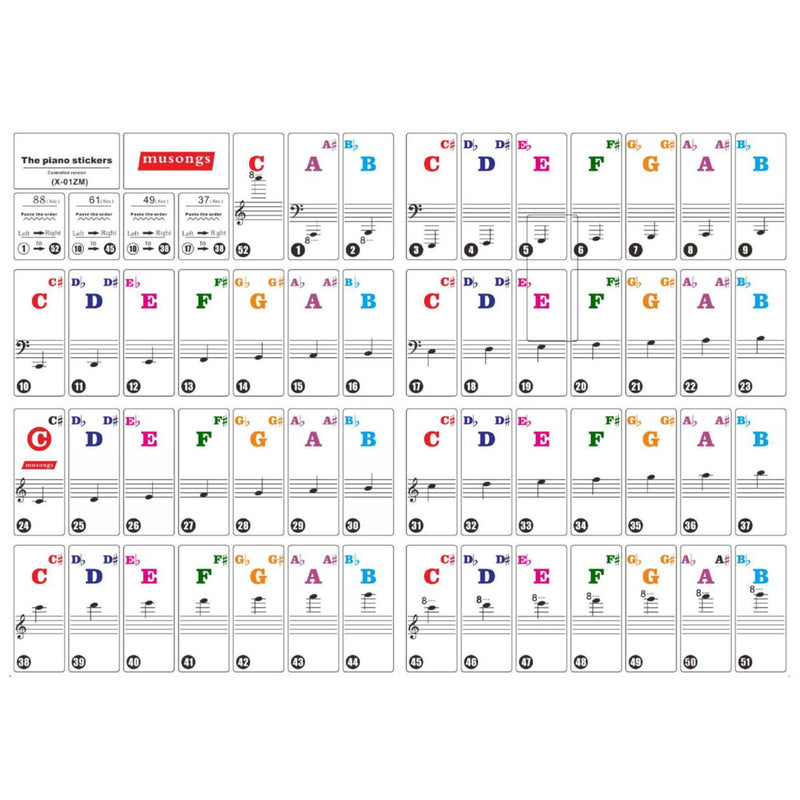 Music Keyboard Stickers & Piano Stickers 61 KEY SET Removable White Laminated Stickers