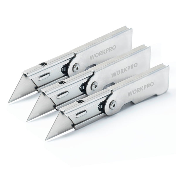 WORKPRO 3pcs Folding Practical Cutter Set Stainless Steel Cutting Box Paper Quick Change Knif e