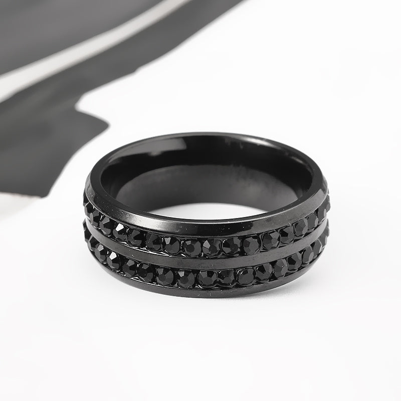 8mm Titanium Steel Men Ring Black Double Rhinestone Men Jewelry