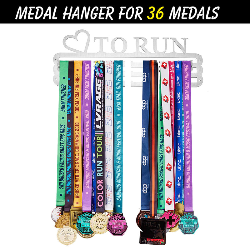 'LOVE TO RUN' Medal Hanger Display Holder Brushed Stainless Steel Wire 36 Medals Hanger 32cm Triple Bar