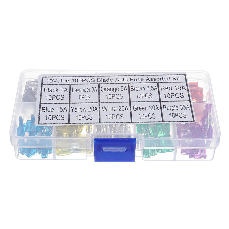 100pcs Mini Auto Fuse 10 Value Car Fuse Blade Kit Assortment with Box 2A 3A 5A 7.5A 10A 15A 20A 25A 30A 35A Each 10pcs