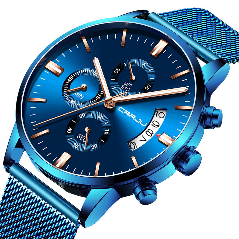 CRRJU 2273 Men Fashion Blue Dial Full Mesh Steel Strap Sport Clock Waterproof Quartz Watch