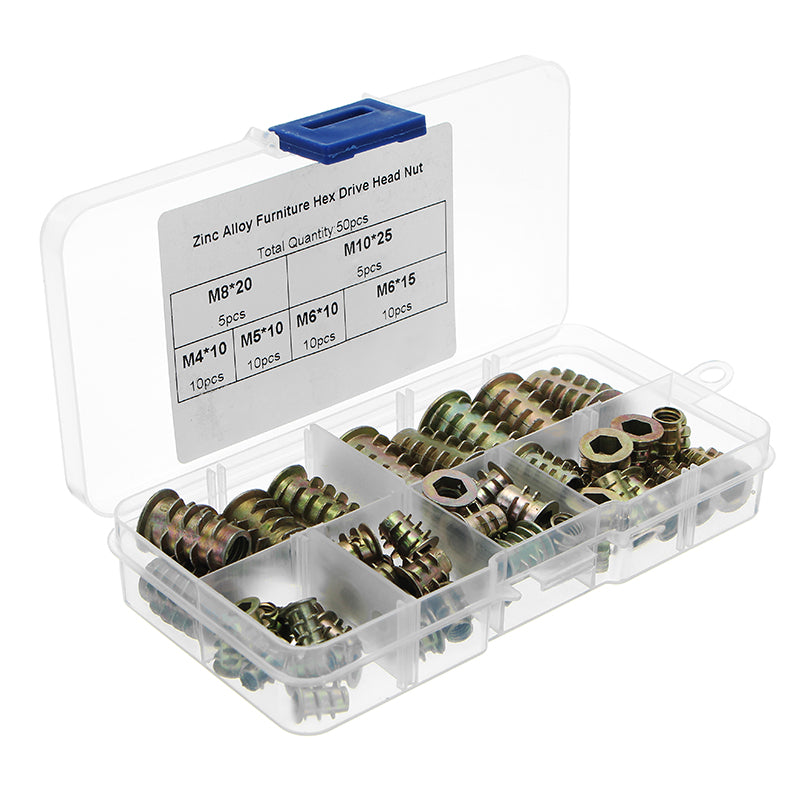 50Pcs M4 to M10 Zinc Alloy Wood Furniture Hex Socket Drive Threaded Insert Nut Assortment Kit