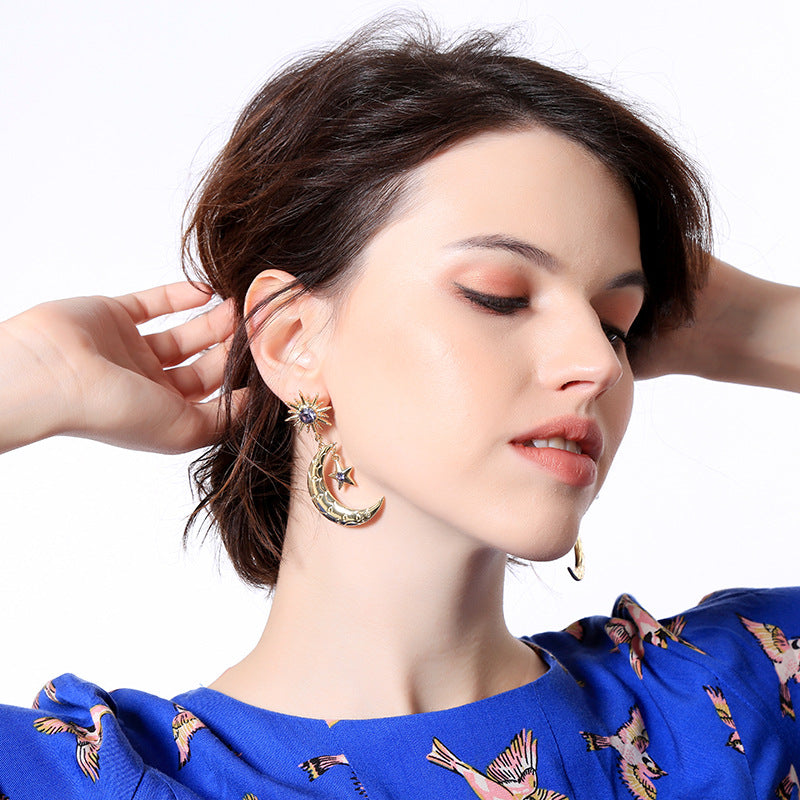 Trendy Sun Moon Star Big Ear Drop Earring Purple Rhinestone Earrings For Women