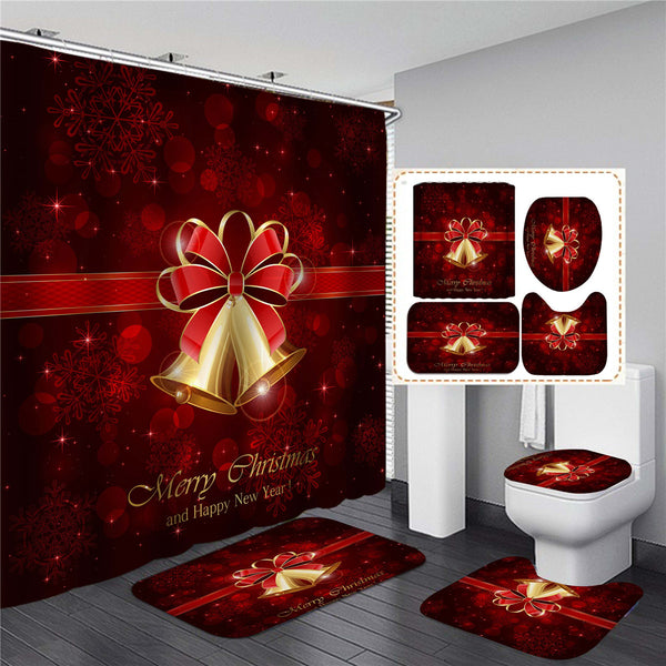 180x180cm Bow Christmas Shower Curtain Pedestal Rug+Lid Toilet Cover Bath Mat