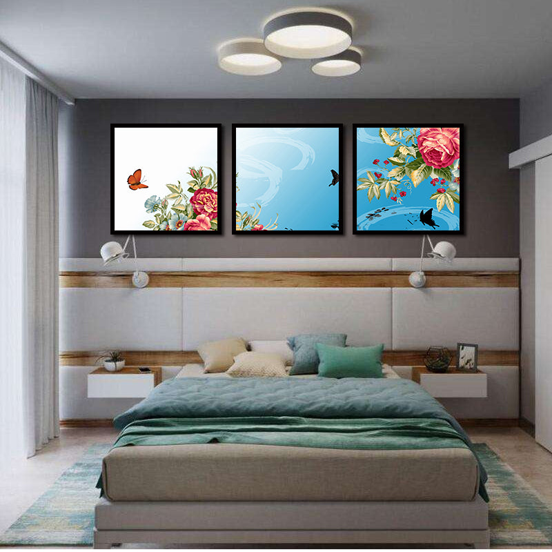 Miico Hand Painted Three Combination Decorative Paintings Dancing Botanic Peony Flower Wall Art For Home Decoration