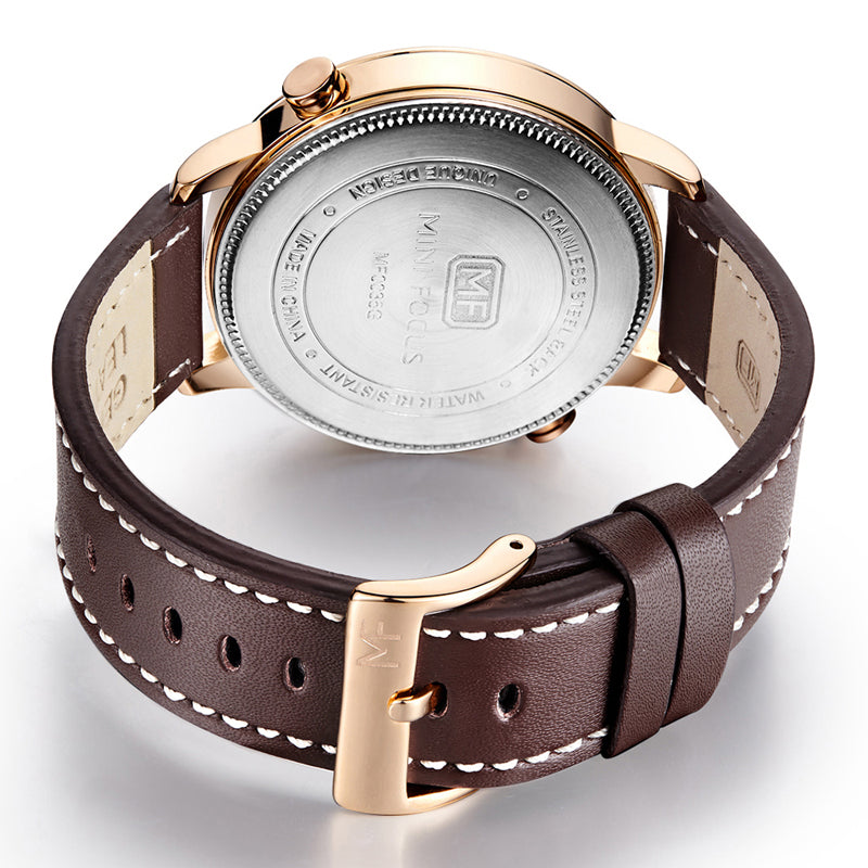 MINI FOCUS MF0035G Two Time Zones Display Men Watch Genuine Leather Strap Quartz Watches