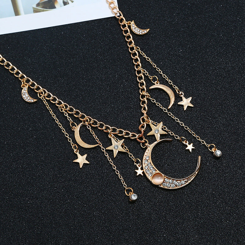 Retro Tassels Moon Star Necklace Rhinestone Pendant Alloy Necklace For Women