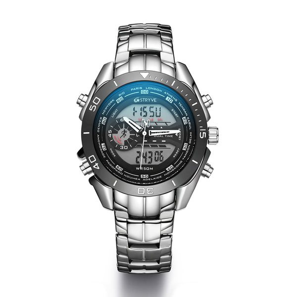 STRYVE S8019 Men Luminoud Display Alarm Clock Chronograph Sport Steel Strap Dual Display Digital Watch