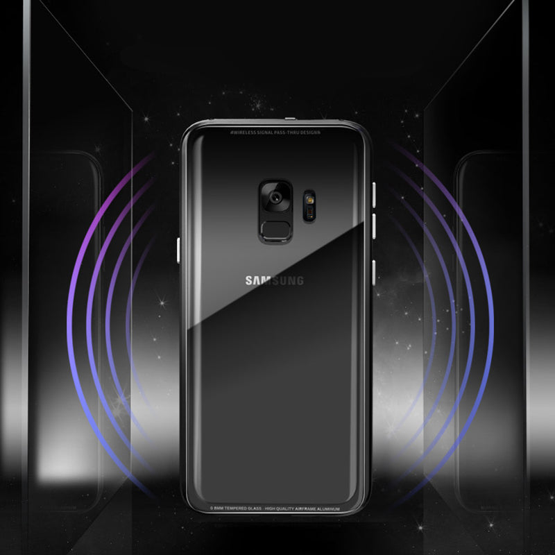 Luphie Metal Bumper+9H Transparent Tempered Glass Shell Protective Case For Samsung Galaxy S9 Plus