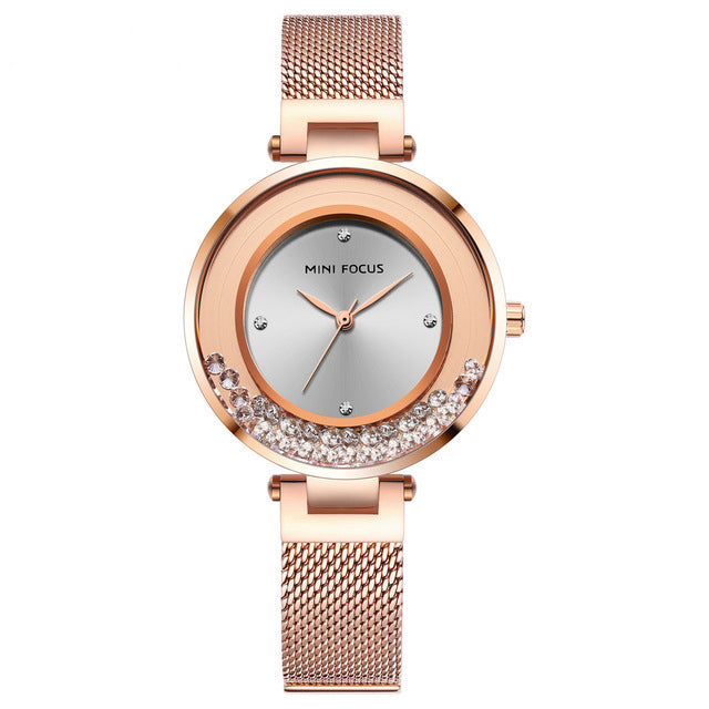 MINI FOCUS MF0254L Ultra Thin Mesh Strap Crystal Elegant Women Watch Quartz Watch
