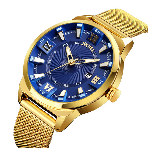 SKMEI 9166 Gold Case Business Style Men Wrist Watch Milan Stainless Steel Quartz Watches