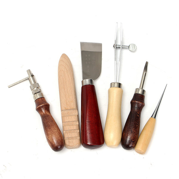6pcs Wood Handle Leather Craft Tool Kit Leather Hand Sewing Tool Punch Cutter DIY Set