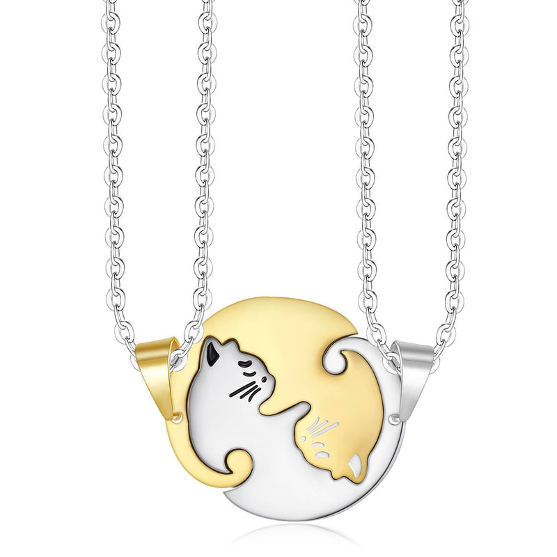 Trendy Geometric Animal Stainless Steel Necklace Cute Sweet Cat Pendant Puzzle Couple Necklace